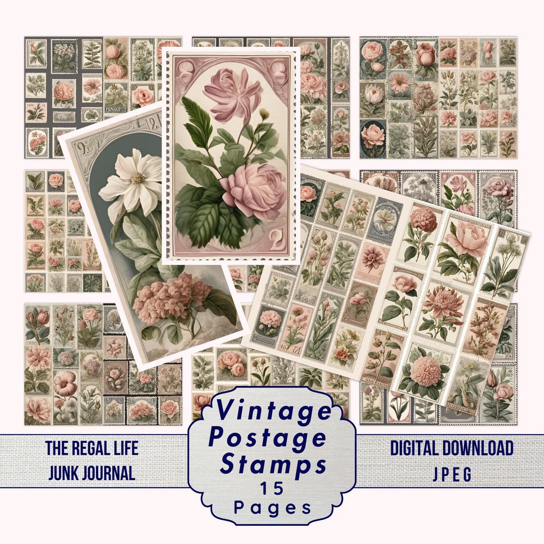 Vintage Floral Postage Stamp Ephemera: Junk Journal Pages (digital ...