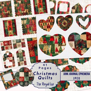 May include: 41 pages of digital printable Christmas quilt patterns for junk journaling. The patterns feature a variety of Christmas themes, including trees, snowflakes, and hearts. The text "Junk Journal Ephemera JPEG" is included in the image.