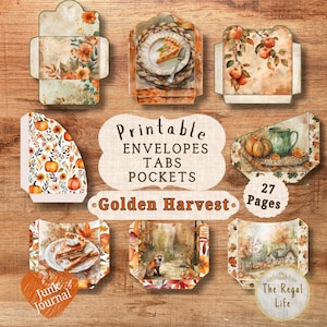 Golden Harvest Buste, tasche, etichette stampabili, diario digitale Junk, kit di creazione di carta per la stagione autunnale, zucche e ghiande del Ringraziamento