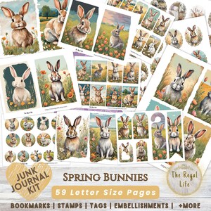 Spring Bunnies Junk Journal Ephemera, Printable Rabbit Craft Paper