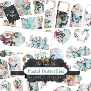 Pastel Butterflies Junk Journal Ephemera, Nature, Botanical, Vintage Junk Journal Kit, Beach, Printable, Digital, Scrapbook
