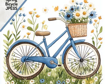 Watercolor Spring Bicycle Clipart: Vintage Bike JPGs (Digital Download)