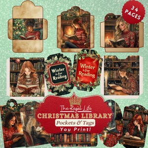 Cozy Reading Christmas Pockets and Tags, Library Junk Journal Kit, Digikit Pages, Mini Junk Journal , Scrapbook Embellishments
