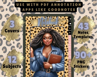 Cheetah Print Digital Notebook for Goodnotes: Portrait Tabs, Stickers (PDF)