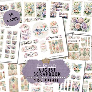 Op de afbeelding: Een verzameling printbare scrapbook-ephemera met bloemmotieven in pastelkleuren. De set bevat tags, labels en decoratieve elementen met de tekst "August" en "15 PAGES". De titel "AUGUST SCRAPBOOK" is ook zichtbaar.