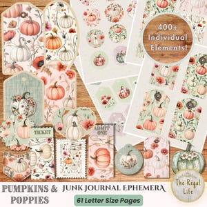 Pumpkins and Poppies Junk Journal Ephemera: Fall Autumn Tags, Stamps (Digital Download)