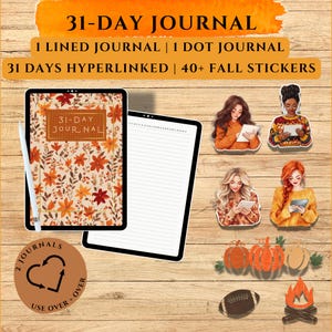 May include: A digital planner with a fall theme. The planner has a cover with a floral design in shades of orange, red, and brown. The planner includes 31 days of lined and dot grid pages, 40+ fall stickers, and is hyperlinked. The planner is shown on a tablet with a stylus.