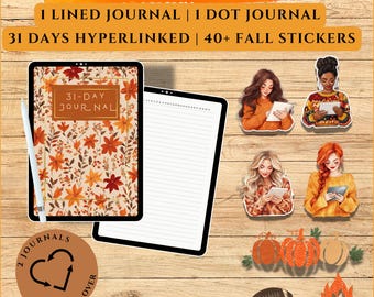 Autumn Digital Journal: 31-Day Lined & Dotted Notebook (PNG Stickers)