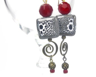 Red, Black And White Dangle Earrings Gold Filled Hooks