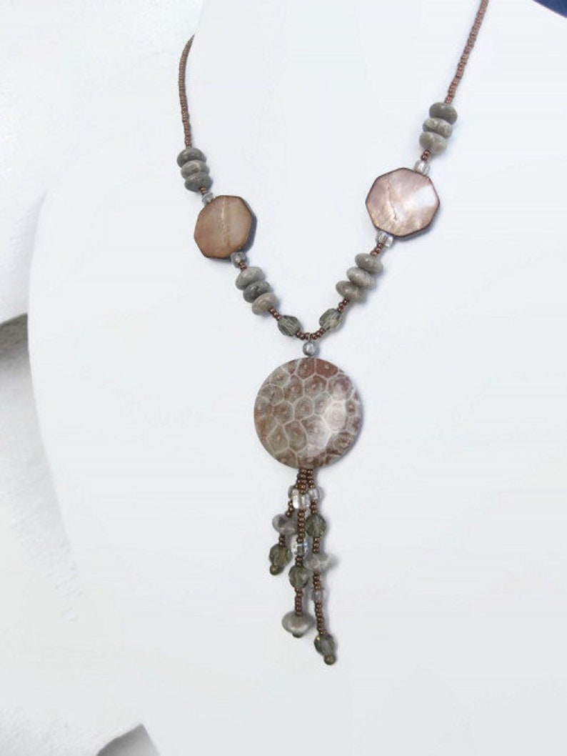 Tassel Necklace With Natural Stone Pendant Neutral Tones