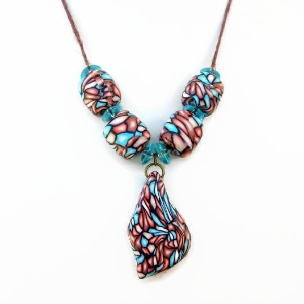 Ice and Fire Polymer Clay Pendant Necklace, Sky Blue and Tangerine