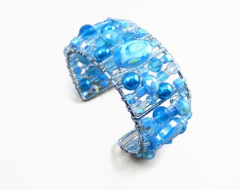 Sky Blue Crystal And Glass Beaded Cuff Bracelet