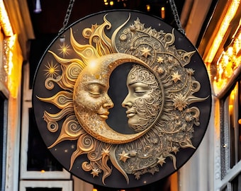 Capteur de soleil en acrylique soleil et lune avec chaîne en métal, teinture murale, décoration artisanale de jardin, taché de soleil