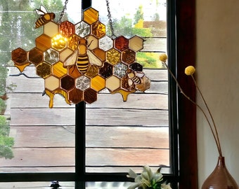 Honeycomb Wall Hanging Decor Stained Glass Indoor Wall Hanging Art Ornament