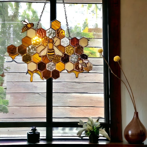 Honeycomb Wall Hanging Decor Stained Glass Indoor Wall Hanging Art Ornament