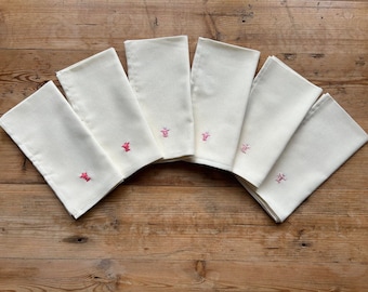 Handmade pink lobster embroidered napkins, set of 6