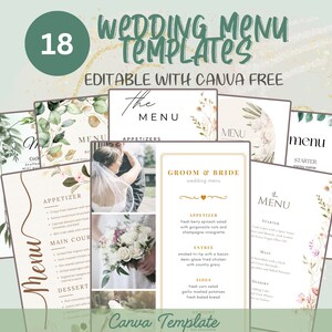 18 Dostosowywalny szablon menu weselnego do wydruku Szablon vintage, dekoracja kwiatowa, pastelowy klimat na wesele, młoda para, nowoczesny motyw