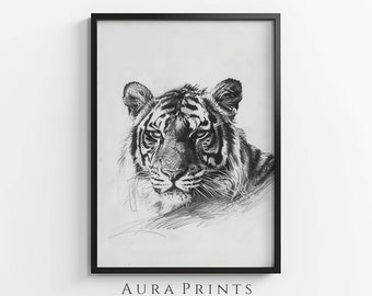 Fierce Tiger Head Sketch | Nature Art | Vintage Wall Decor | PRINTABLE Digital Download Gift 0941