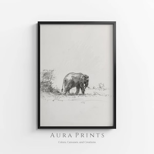 African Elephant Sketch | Neutral Drawing | Vintage Wall Art | PRINTABLE Digital Download Rustic Cottage Gift 1002