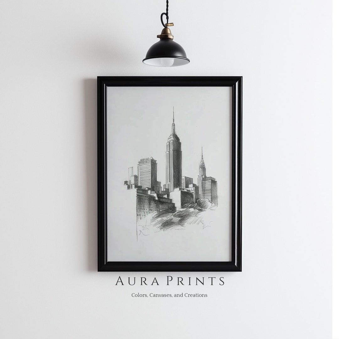 New York City Skyline Sketch | Urban Art | Vintage Farmhouse Wall Decor ...