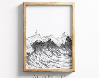 May include: Black and white line art print of a large wave crashing. The print is framed in a light wood frame. The print is titled "Aura Prints: Colors, Canvases, and Creations".