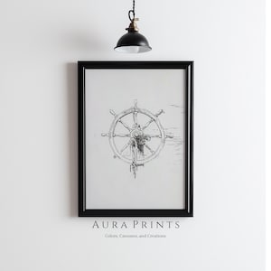 Ship Wheel Sketch | Neutral Art | Vintage Nautical Wall Decor | PRINTABLE Digital Download Rustic Gift 0987