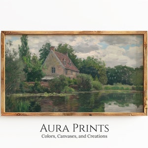 Frame TV Art Cottage By The Lake Landscape Premium Digital Download Soft Tone Farmhouse Scenery 1049