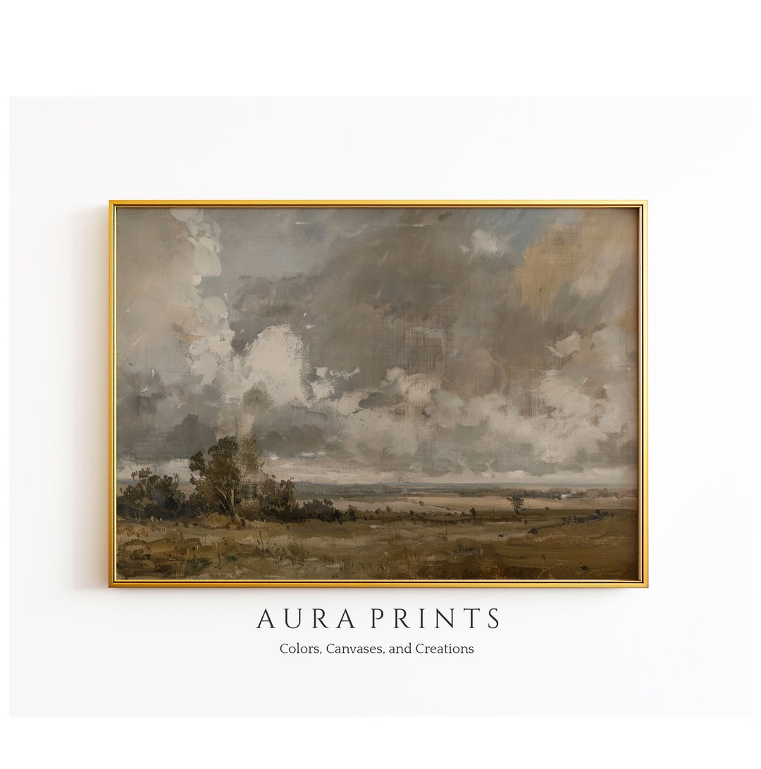 Cloudy Sky Over Fields | Rustic Landscape Art | Vintage Farmhouse Wall ...