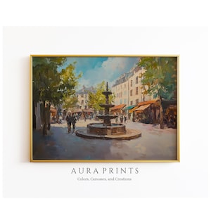 Town Square with Fountain Painting | Cobblestone Streets and Shops | Vintage PRINTABLE Wall Art Download 1230