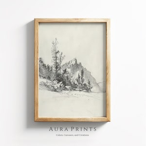 Mountain Landscape Sketch | Neutral Art | Vintage Line Art Wall Decor | PRINTABLE Digital Download Farmhouse Gift 0992