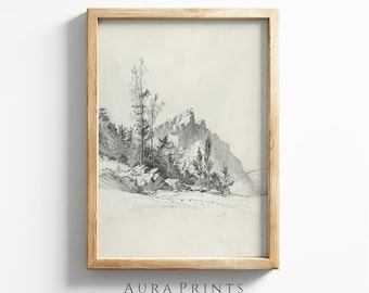 Mountain Landscape Sketch | Neutral Art | Vintage Line Art Wall Decor | PRINTABLE Digital Download Farmhouse Gift 0992