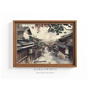 Ancient Japanese Town Street Under Cherry Blossoms PRINTABLE Romantic Sakura Street Painting Japan Digital Art 0541