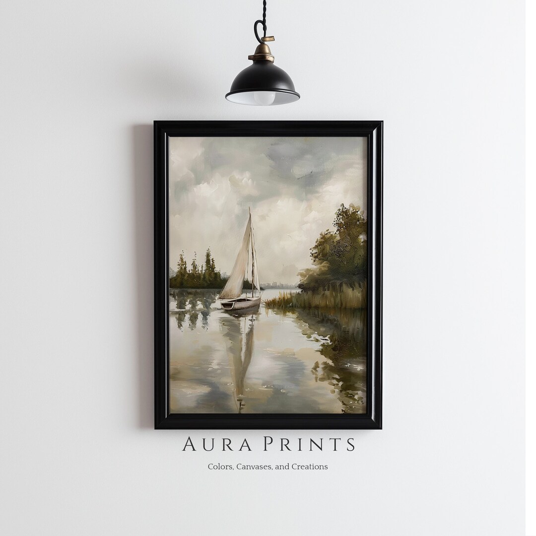 Printable Vintage Lake and Boat Scene Digital Wall Art Spring Lakehouse ...