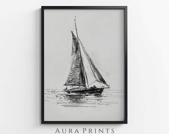 Boceto de velero / Arte neutro / Decoración náutica vintage para pared / Descarga digital imprimible. Regalo rústico 0986