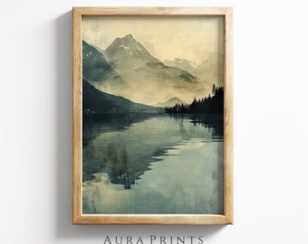 アルパイン湖の絵画：山の風景画、湖畔の家の装飾 - Etsy 日本