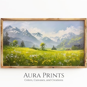 Swiss Alps Grassfield and Mountain Samsung Digital Wall Art Alpine Scene Muted Color Palette for Samsung Frame TV 0692