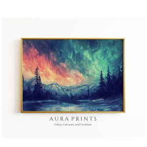 Northern Lights Above Mountain Range PRINTABLE Digital Wall Art Vintage Rustic Farmhouse Cottage Abstract Decor 0833