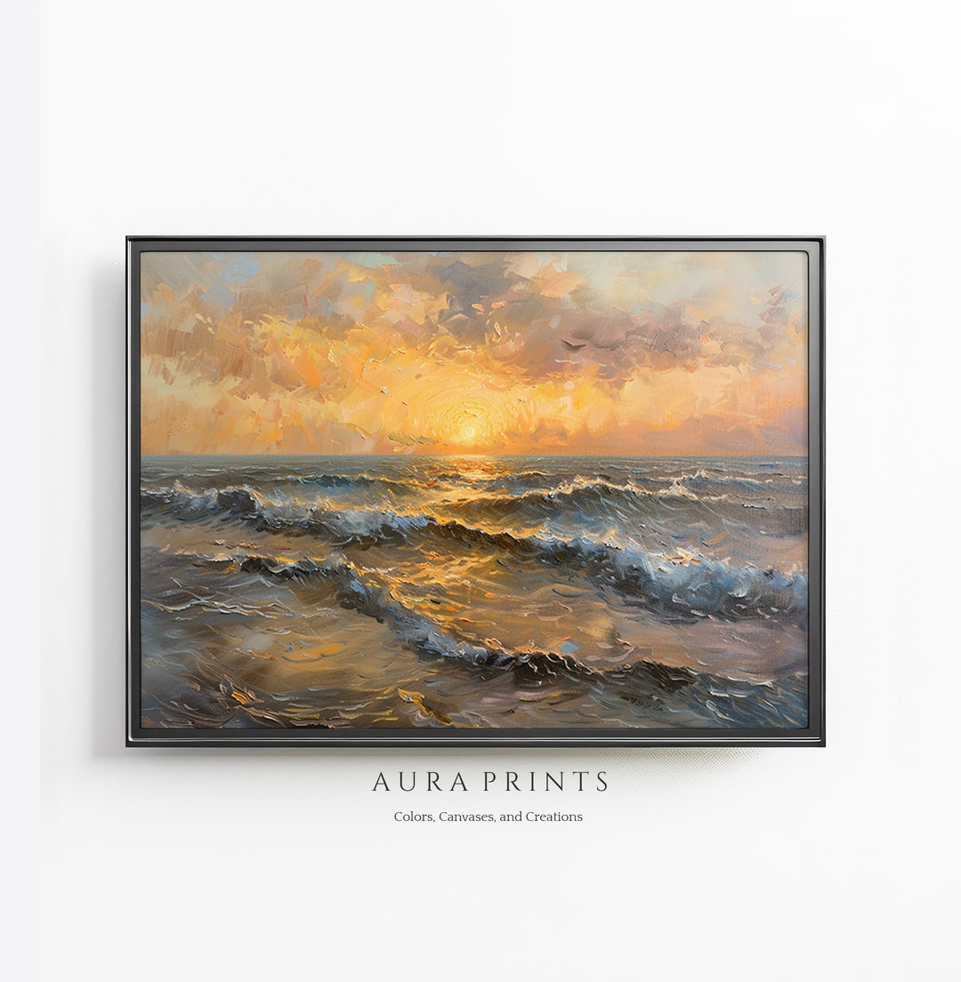 海の波に沈む穏やかな夕日 印刷可能なデジタル絵画 壁アート