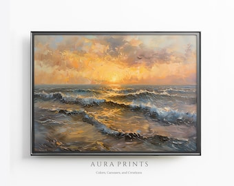 海の波に沈む穏やかな夕日 印刷可能なデジタル絵画 壁アート