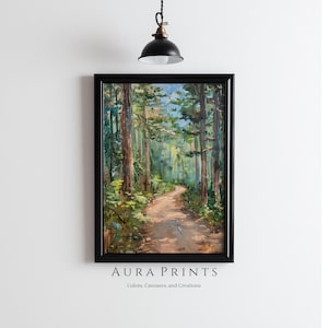 May include: A framed painting of a path winding through a lush green forest. The path is lined with tall trees and the light shines through the leaves, creating a dappled effect on the ground.