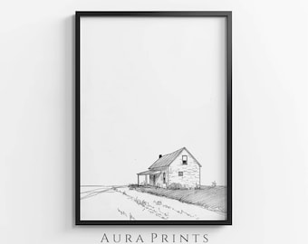 Farmhouse Scene Digital Download Cottage Pencil Art Neutral Nursery Decor Vintage Antique Gift 1147