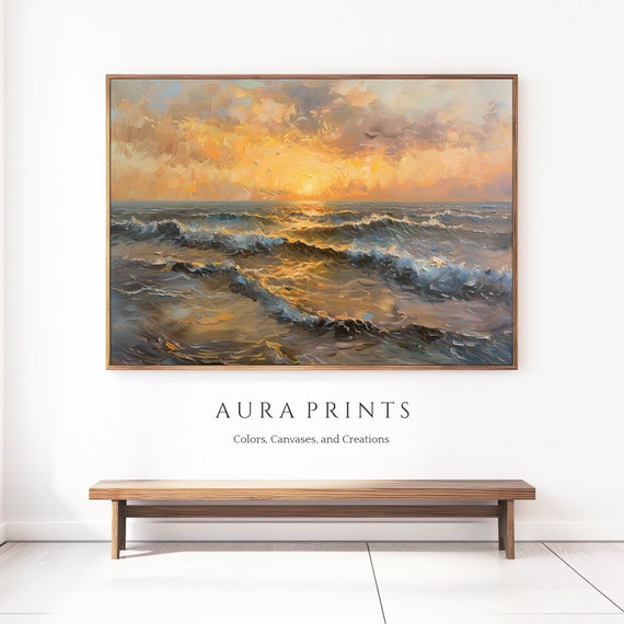 海の波に沈む穏やかな夕日 印刷可能なデジタル絵画 壁アート