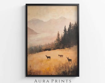Deer Grazing Meadow Painting | Rustic Bedroom Wall Art Decor | PRINTABLE Digital Download 1217