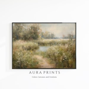 May include: A painting of a tranquil landscape with a small pond surrounded by lush green grass and wildflowers. The trees in the background are a soft green and brown, and the sky is a light blue with wispy clouds. The painting has a soft, dreamy feel.