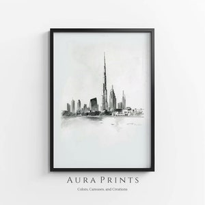 Dubai Skyline Sketch | Burj Khalifa | Urban Art | Vintage Wall Decor | PRINTABLE Digital Download Rustic Cottage Gift 0969