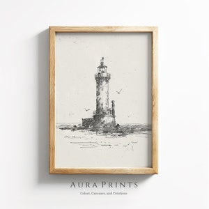 Boceto de faro / Dibujo neutro / Arte mural náutico vintage / Descarga digital imprimible Regalo rústico 0984