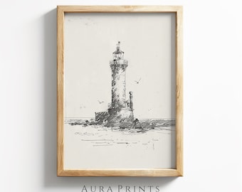 Lighthouse Sketch | Neutral Drawing | Vintage Nautical Wall Art | PRINTABLE Digital Download Rustic Gift 0984
