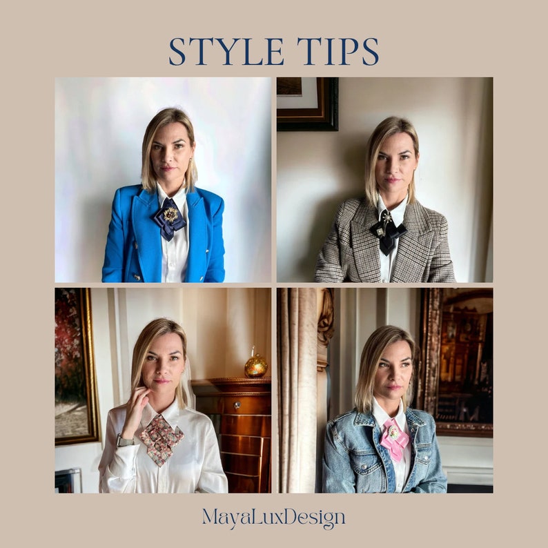 May include: The image showcases four style tips featuring a woman wearing different outfits. Each outfit includes a unique brooch or neck accessory. The outfits include a blue blazer, a plaid blazer, a white shirt with a floral accessory, and a denim jacket with a pink accessory. The text "STYLE TIPS" is at the top.