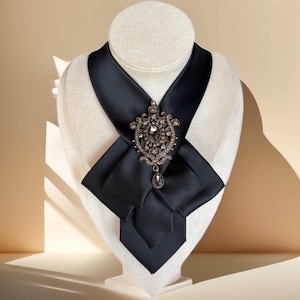 Black Necktie Necklace for Women- Handcrafted Bow tie accessory with Antique Brooch Pin- Perfect Gift for Mom - Ladies cravat scarf