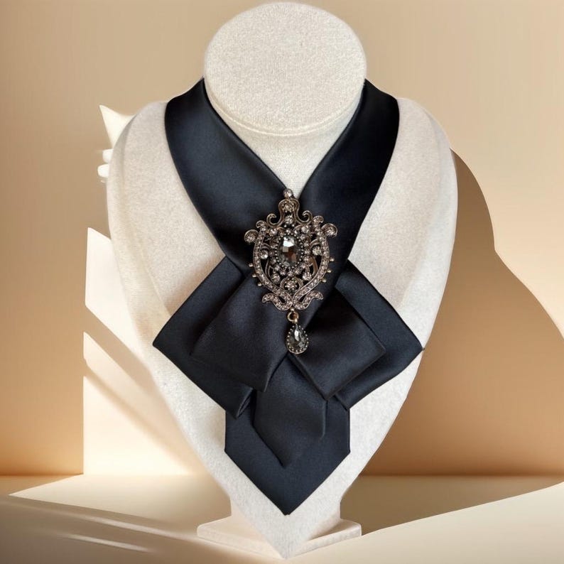 Black Necktie Necklace for Women - Handcrafted Bow tie accessory with Antique Brooch Pin- Perfect Gift for Mom - Ladies cravat scarf image 2